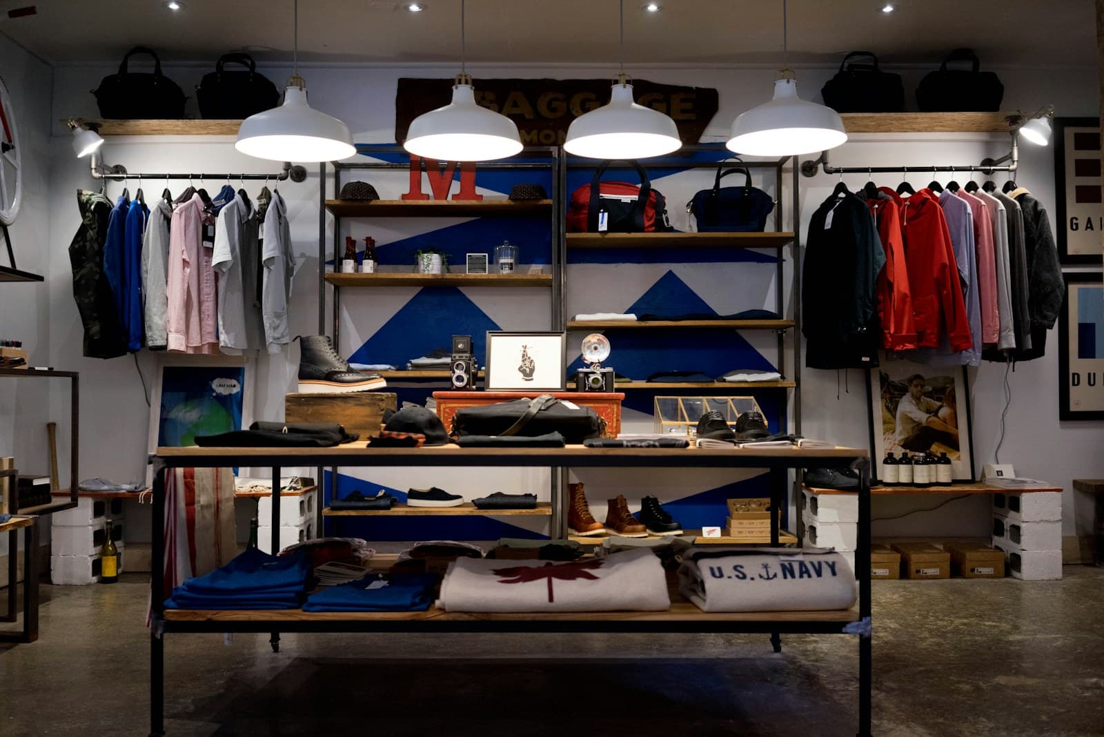 Clothing and accessories displayed in an independent retail shop